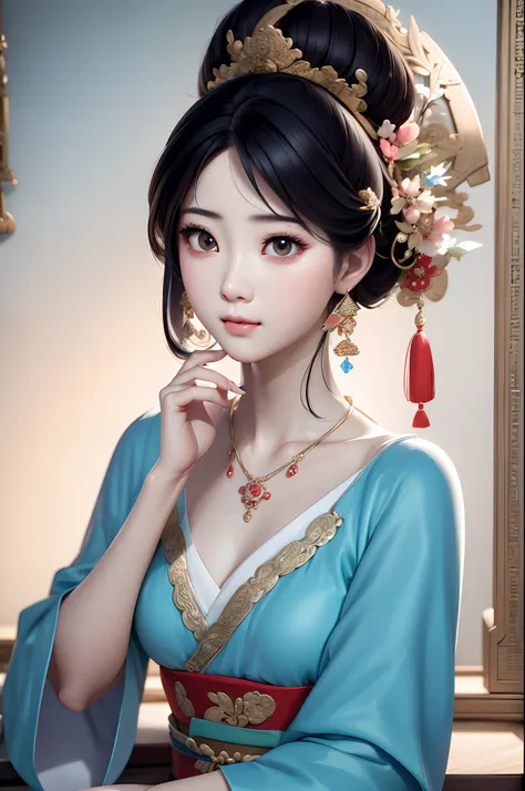 close-up of a woman wearing a light blue slip dress necklace, chinese style, chinese girl, beautiful character painting, guviz-s...