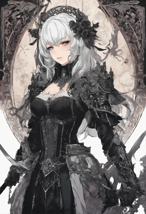 a matural female，A general,Dignified appearance，Skilled short white hair，Strong and sturdy body，Wearing armor，Holding a sword，Background nothingness