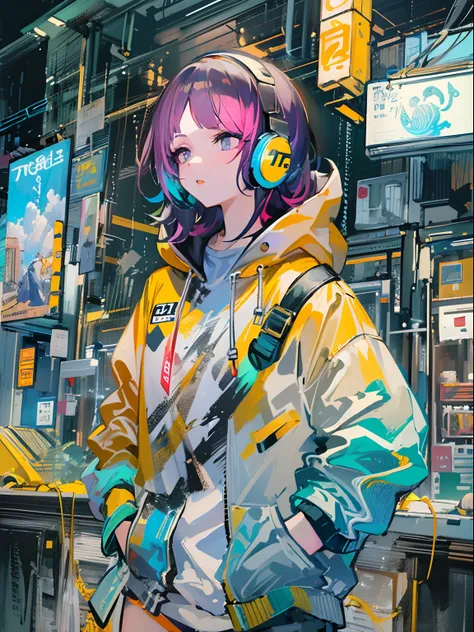 8k分辨率、((top-quality))、((​masterpiece))、((ultra-detailliert))、1 woman、独奏、incredibly absurdness、oversized hoodies、headphones、stree...