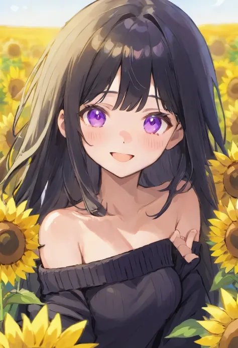 Long black haired goth korean girl with purple eyes freckles straight hime cut bangs and a black off shoulder sweater in a sunflower field happy smiling beautiful shy blushing