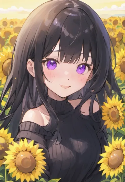 Long black haired goth korean girl with purple eyes freckles straight hime cut bangs and a black off shoulder sweater in a sunflower field happy smiling beautiful shy blushing