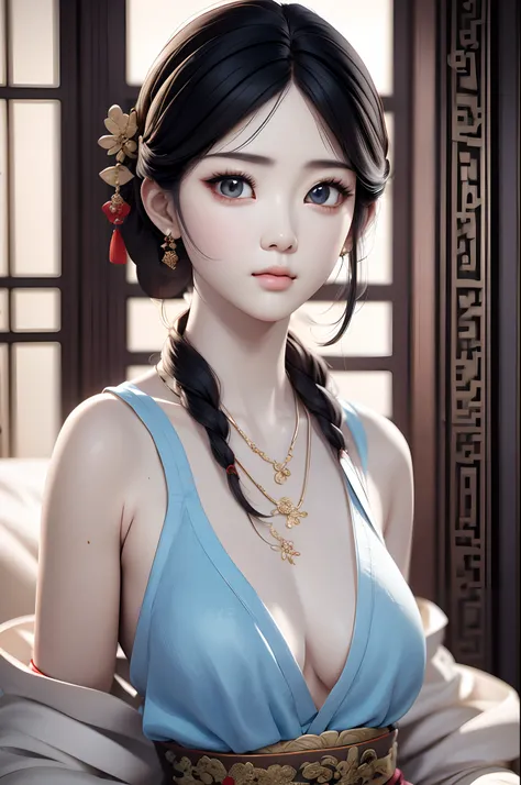 Close-up of a woman wearing a light blue slip dress necklace, Chinese style, Chinese girl, Beautiful character painting, Guviz-style artwork, Palace , A girl in Hanfu, Beautiful rendering of the Tang Dynasty, Realistic anime 3 D style, trending on cgstatio...
