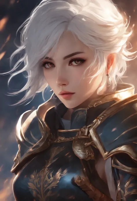 younger female，A general,Dignified appearance，with short white hair，Strong and strong body，Wearing armor，Holding a sword，Background nothingness，Two-dimensional style，style of anime