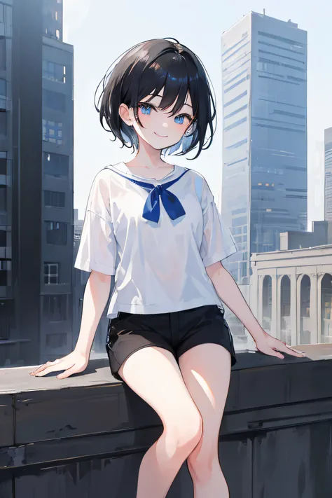 1boy, 1girl, short black hair, blue eyes, five fingers, smiling, wearing plain white shirt, black shorts, city, absurdres, high res, ultrasharp, 8K, masterpiece, looking at viewer