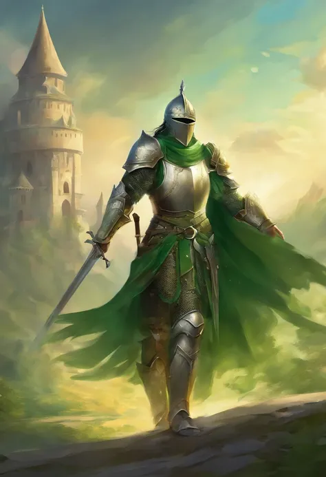 Medieval knight. He wears green armor. A helmet that covers the face. long black hair