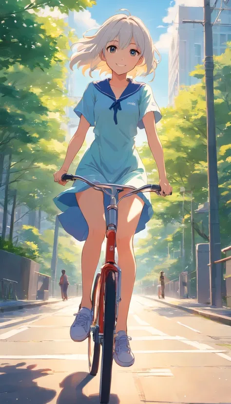 best qualtiy， tmasterpiece， 超高分辨率， realisticlying， 1 girl，（long  white hair），Heterochromic pupils，（ssmile）（Riding a bicycle），sexy dress，athletic sneakers，parks，wide angles