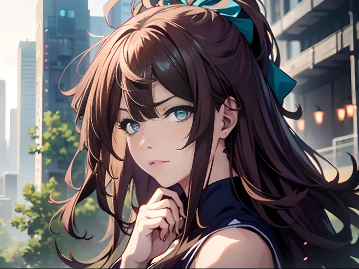 one-girl，(The action of reaching out 1.5)，(sideface)，Brown hair, Hair Bow, aqua eyes, frown, parted lips, anime, cinematic lighting, chiaroscuro, backlighting, cowboy shot