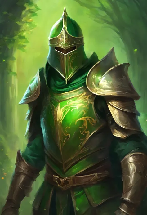 Medieval knight. He wears green armor. A helmet that covers the face. long black hair