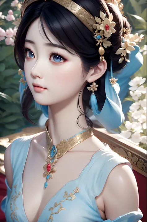 close-up of a woman wearing a light blue slip dress necklace, chinese style, chinese girl, beautiful character painting, guviz-s...