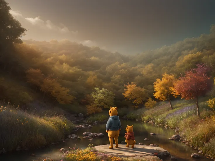 winnie the pooh、Background of the atmosphere、detaileds、Convoluted、hdr、Magnificent Real、faded、neutral colors、((((HDR))))、((((Muted colors))))、complex scenes、art  stations、Cinematic shots、warm light、Dramatic light、intricate-detail、vignettes、the complex backg...