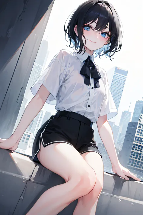 1femboy, short black hair, blue eyes, five fingers, smiling, wearing plain white shirt, black shorts, city, absurdres, high res, ultrasharp, 8K, masterpiece, looking at viewer