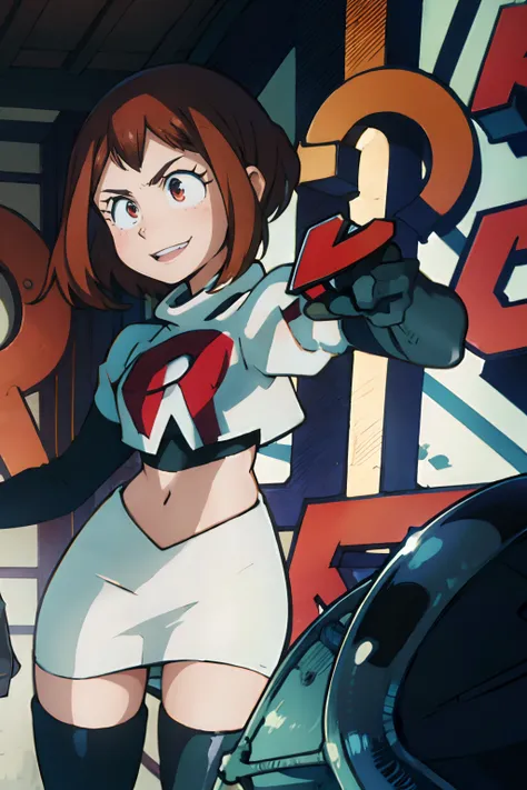 ochaco_uraraka, team rocket,team rocket uniform, red letter R, white skirt,white crop top,black thigh-highs,black elbow gloves, evil smile