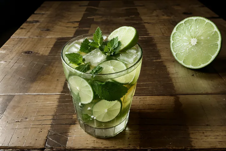 Fresh iced detox drink with lime and mint on dark rustic table top view, copy space for your design.  super realistic. highest quality