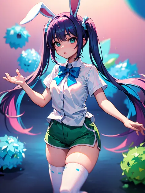 (Beautiful, highly detailed, feminine, curious anime, 4k, best quality, masterpiece) (1girl, blue hair, short pigtails, straight bangs, rabbit ears, multicolored pink and green eyes, short sleeve blue and white button up with short puff sleeves, pink bow o...