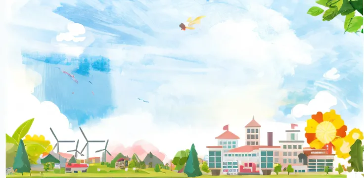 There is a photo of a cartoon city，Kites flying in the sky, town background, Commercial illustration, town center background, countryside city scene, corporate animation style, Flat illustration, Simple illustration, Detailed scenery —width 672, Simple and...