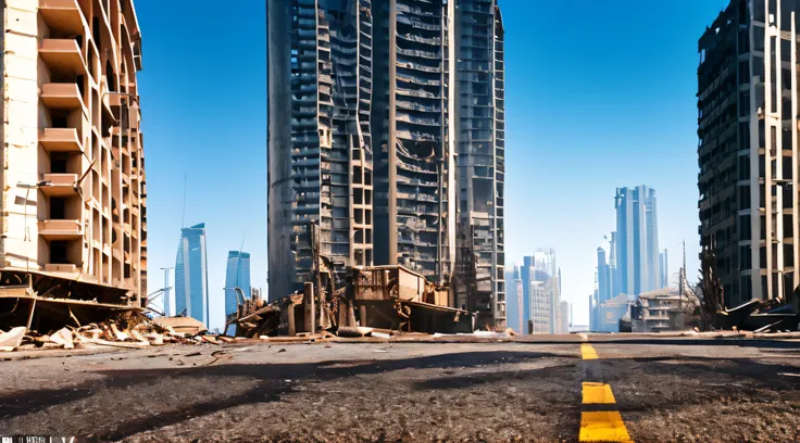 Empty street of burnt up city. Apocalyptic view of city downtown as disaster film poster concept. City destroyed by war