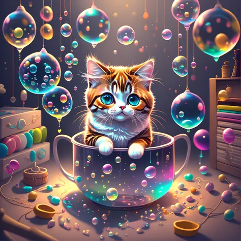 Studio setting with chibi and hyperrealistic style, white background, soap bubbles in the air, colored lights, high color saturation, with a cute cat, in a kobra graffitte style