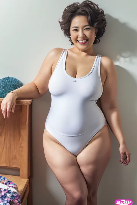 （One lady）,（（full body seen））、(attractive mature lady）、((BBW BBW:1.3))、(独奏)、((Plain swimwear))、(((Plain pure white swimsuit)))、（erect through）、A smile、top-quality、​masterpiece、Messy room、(((noticeable bulge in the crotch area,,,,,,,,,,,,,,,,,,,,,,,,,,,,,,,...