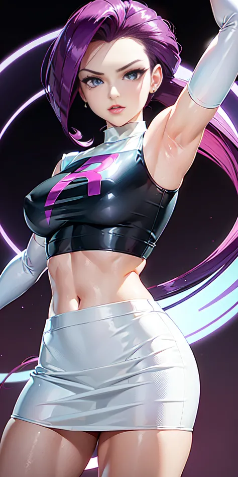 Jessie pokemon, slicked back hair, Long hair, purple hair, blue eyes, Team Rocket, ((300% transparent silk Team Rocket Uniform)), ((30% white skirt, 30% Crop Top)), thighs high,elbow gloves