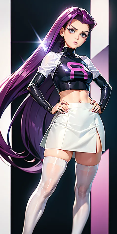 jessie pokemon, hair slicked back, long hair,purple hair,blue eyes, team rocket ,team rocket uniform ,((300% transparent silk: white 30% skirt, crop 30% top)),thighhighs,elbow gloves