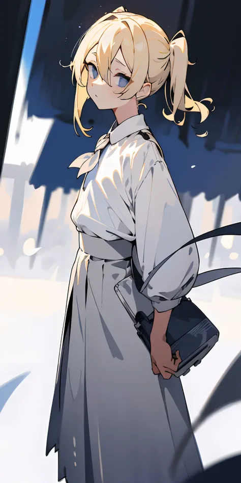 blonde hair ,indigo eyes, tareme, hair between eyes ,((one side up hair style)),White blouse,gray midi skirt, flat color,sharp outline,teenage, warm lighting,  blurry foreground