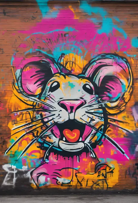 (a giant rat,eating a spraypainted donut:1.1),(in stencil form),(surrounded by random scribbles and tags:0.9),(best quality,4k,8k,highres,masterpiece:1.2),(ultra-detailed:1.1),(realistic:1.37),(graffiti art),(vivid colors),(soft lighting),(urban setting)