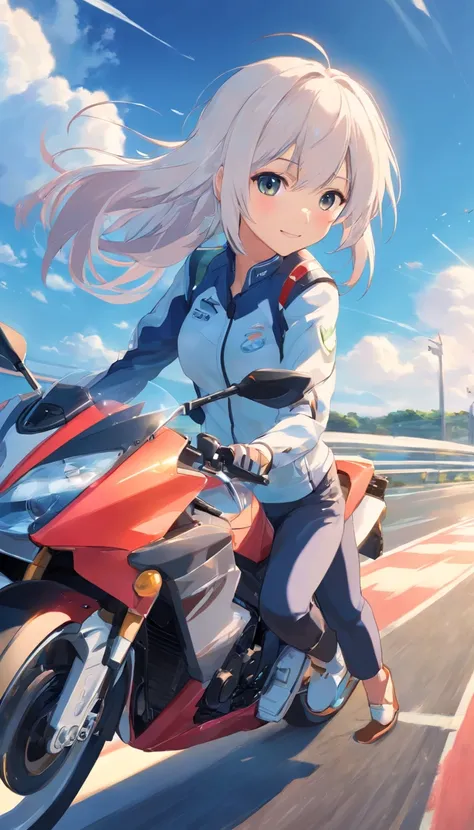 best qualtiy， tmasterpiece， 超高分辨率， realisticlying， 1 girl，（long  white hair），Heterochromic pupils，（ssmile）（Riding a racing motorcycle），（Riding set），Moto track，wide angles