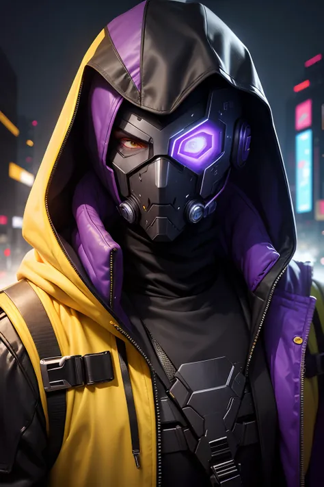 cyberpunk masked man, half face covered, wearing hood, yellow and purple color, Professional headshot, digital painting, sci-fi, 8k,