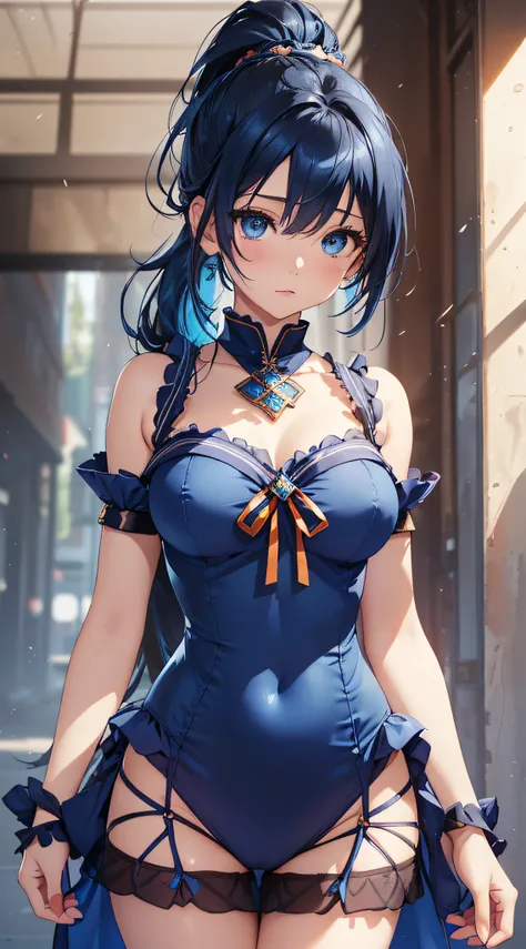 top-quality、Top image quality、​masterpiece、girl with((cute little、18year old、Best Bust、Medium bust、Bust 85,Beautiful blue eyes、Breasts wide open,Ponytail with black hair、A slender、Blue hair mesh、Beautiful sailor suit、falda corta,dash)）hiquality、Beautiful A...