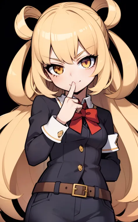 (finely best quality illustration:1.2), (kawaii girl:1.0), (1girl, solo:1.0), (ultra-detailed, highres, 4k:1.0), shhh gesture, cute, finger on mouth, menacing look, simp;le pose