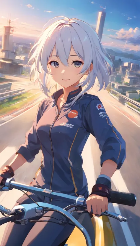 best qualtiy， tmasterpiece， 超高分辨率， realisticlying， 1 girl，（long  white hair），Heterochromic pupils，（ssmile）（Ride racing motorcycles），（Ride kit），Motorcycle track，wide angles