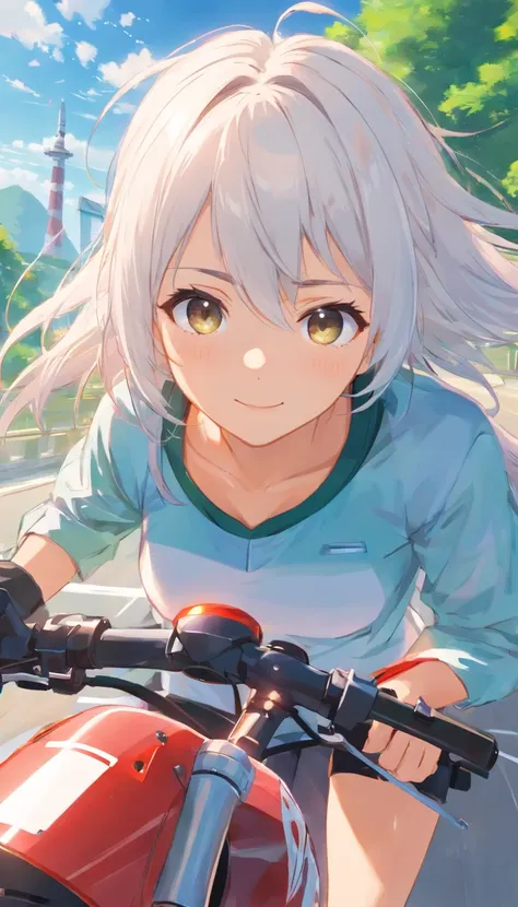 best qualtiy， tmasterpiece， 超高分辨率， realisticlying， 1 girl，（long  white hair），Heterochromic pupils，（ssmile）（Ride racing motorcycles），（Ride kit），Motorcycle track，wide angles