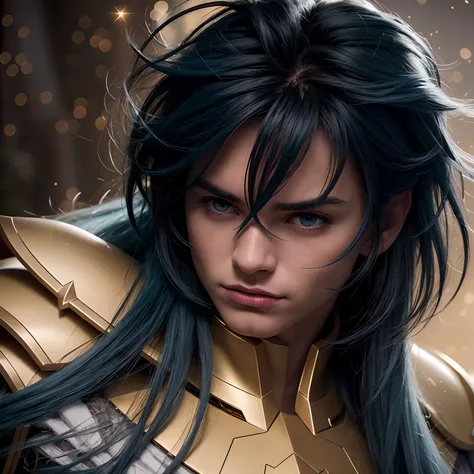 cinemactic, incrivelmente detalhado e ultrarrealista, Camus of Aquarrius Saint Seiya. Close up. Hes wearing pretty realistic golden armor. Armadura dourada brilhante. Bright golden armor. Armadura com brilho natural. Octane is the perfect tool to capture t...