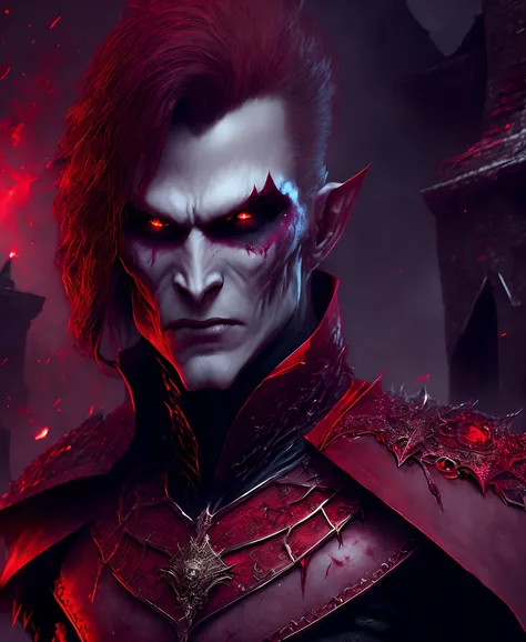 Close-up (non human Vampire from DC in Goth style: 1.3) emerging from the the old vampires castle, influenced by the colour red velvet, extremely detailed, smoke, sparks, metal shavings, flying debris, volumetric light