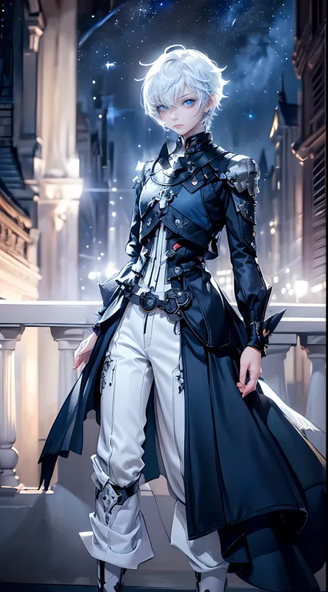 ((4K works))、​masterpiece、(top-quality)、One beautiful girl、Slim body、tall、((Black Y-shirt and white pants、Charming English knight style))、(Detailed beautiful eyes)、Fantastic English black balcony、Castle inhabited by villains、Villain Knight、Balcony at night...