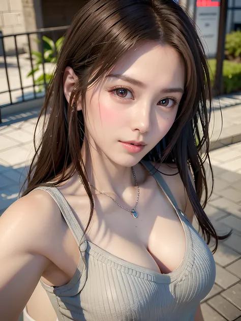 (in 8K, top-quality, ​masterpiece:1.2), (realisitic, Photorealsitic:1.37), ultra-detailliert, Natural sunlight, mideum breasts, I can see the cleavage, 1 persons, 25 year old woman,  Pendants, Torn shorts, Light Knit V-Neck Shirt, At the time of performanc...