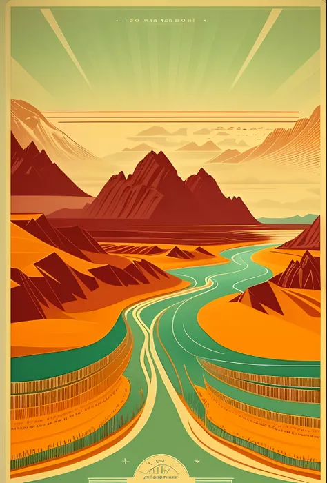 There is a poster of a river crossing the desert, Inspired by Gustav Bowman, Mountains and rivers, Inspired by Lars Jonson Haukanes, Shepherd fairy style, travel poster, eftir Ásgrím Jónsson, Poster illustration, Inspired by Billys childishness, poster vin...