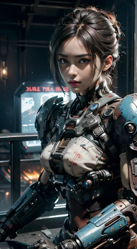 Textured skin, Super detail, High details, High quality, Best quality, A high resolution, 1080p, hdd, A beauty、She wears a futuristic war machine mech(Gears of War)