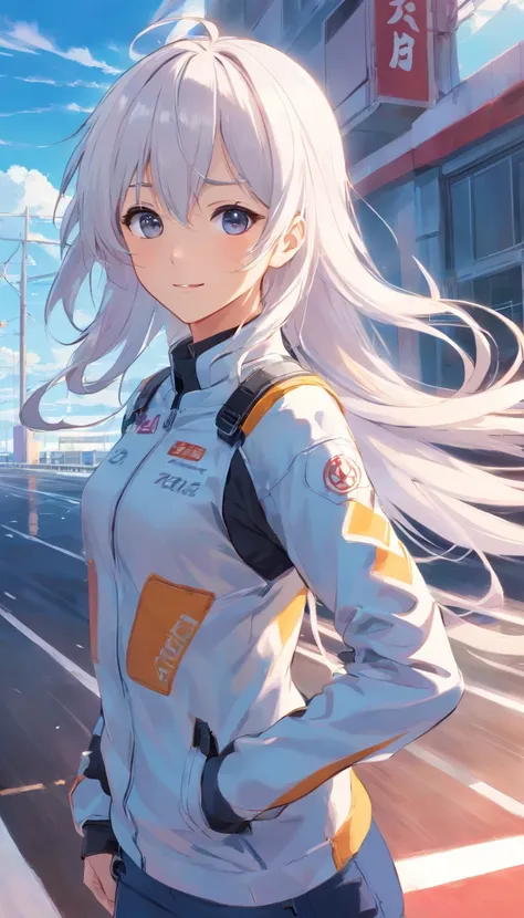 best qualtiy， tmasterpiece， 超高分辨率， realisticlying， 1 girl，（long  white hair），Heterochromic pupils，（ssmile）（Ride racing motorcycles），（Locomotive kit），Motorcycle track，wide angles