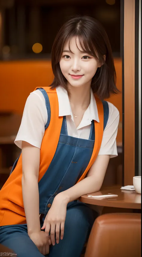 Realistic photos of (1 cute Korean star) hair over eyes, thin makeup, slightly smile, 32 inch breasts size,wearing orange vest, pants, sitting in the restaurant, f/16, 35mm, Canon, UHD