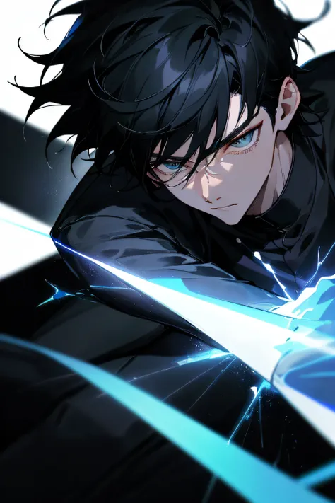 close up on a young man with medium black hair in modern clothes with a black background with lights and thunder, 8K manhwa, epic anime style, bright aura, power surrounding the character