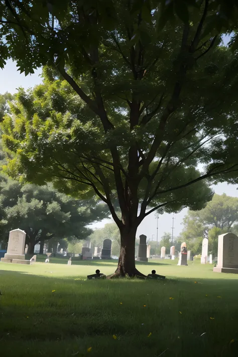 A man with a little vicissitudes is under a tree，With a shovel，Next to it are the remains of a cemetery。