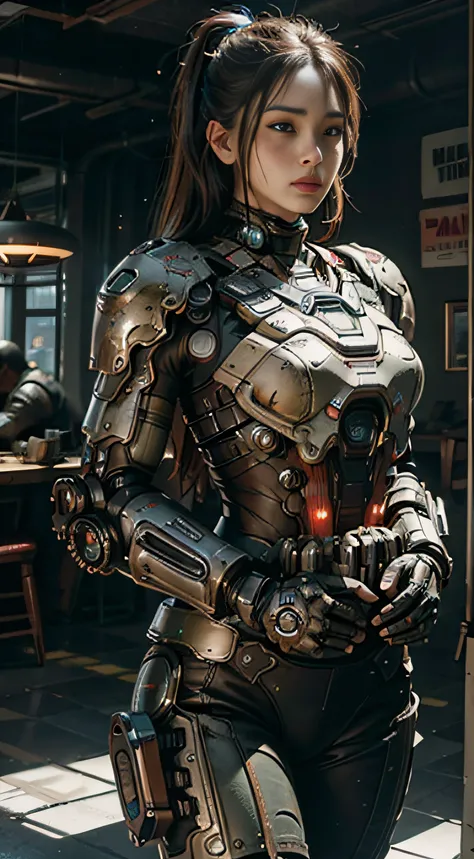 Textured skin, Super detail, High details, High quality, Best quality, A high resolution, 1080p, hdd, A beauty、She wears a futuristic war machine mech(Gears of War)