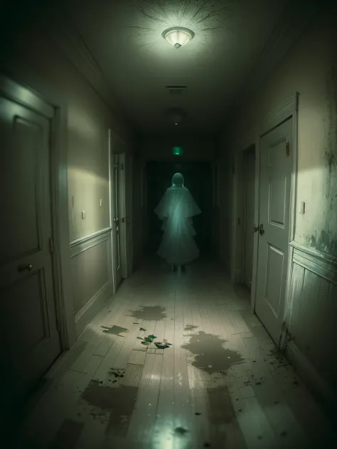 «» Chilling photorealistic image of a ghost apparition captured by a low-resolution hospital security camera in a dimly lit hallway. The scene is set in an old and creepy hospital, Lights flickering、Paint is peeling on the wall. The apparition appears as a...