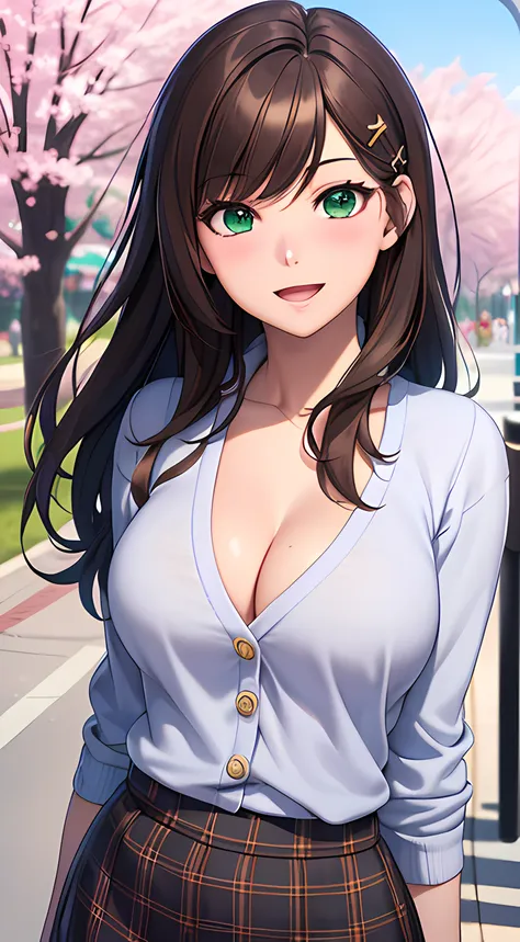 ((masterpiece, best quality, highres, UHD, perfect pixel, depth of field, 4k, RTX, HDR))), 1girl, single, solo, beautiful anime girl, beautiful artstyle, anime character, ((long hair, bangs, brown hair, hair pin)), (green eyes:1.4, rounded eyes, beautiful ...