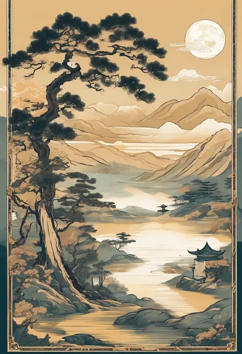 Chinese landscape，Ancient rhyme Jiangnan，Yamakawa，pines，Leave white space，، simple，themoon，Artistic sense