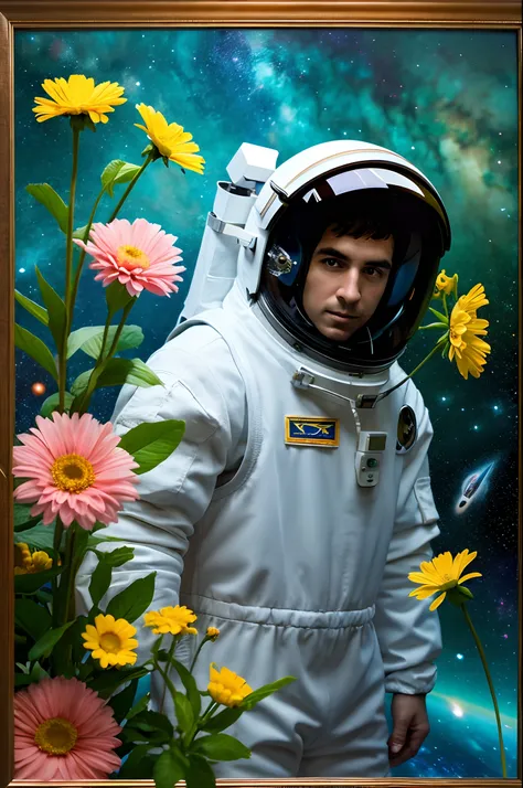 Astronaut with flowers in his hand，sportrait，kosmos，Spacesuit，A place in the universe，Earth background，A space station，picture frames，Detailed pubic hair，A lone， Space art