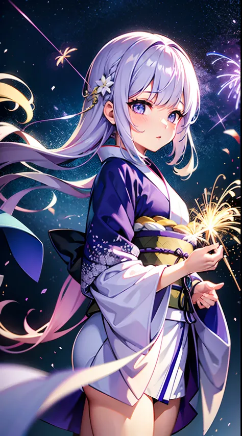 White and purple gradient hair、1 girl in、kimono、sparklers