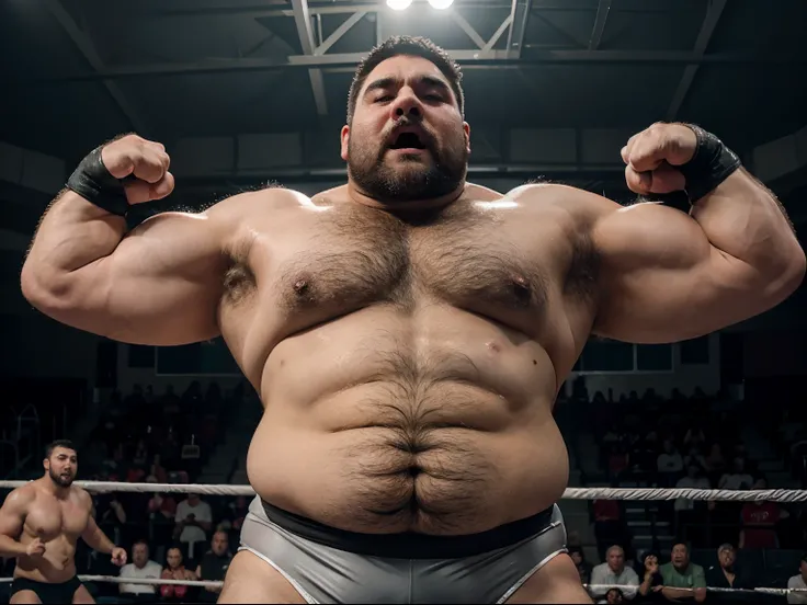 chubby muscular fluffy polar bear with a gray beard huge eyebrows and huge fangs and huge upperbody wearing black wrestling tights while sweaty and exhausted at the wrestling ring