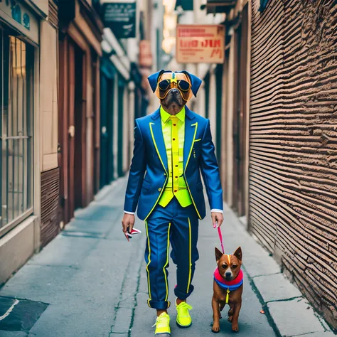 Dog dressed in a mini suit, street style, light tones, transparent medium, striped, in a street life scene, hip-hop style, neon